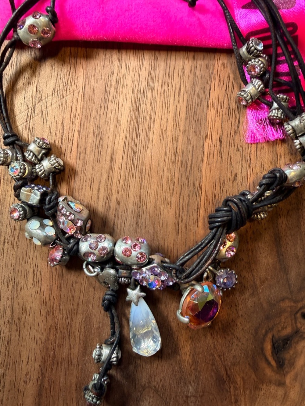 Pink Crystal Charm Necklace on Black Cord